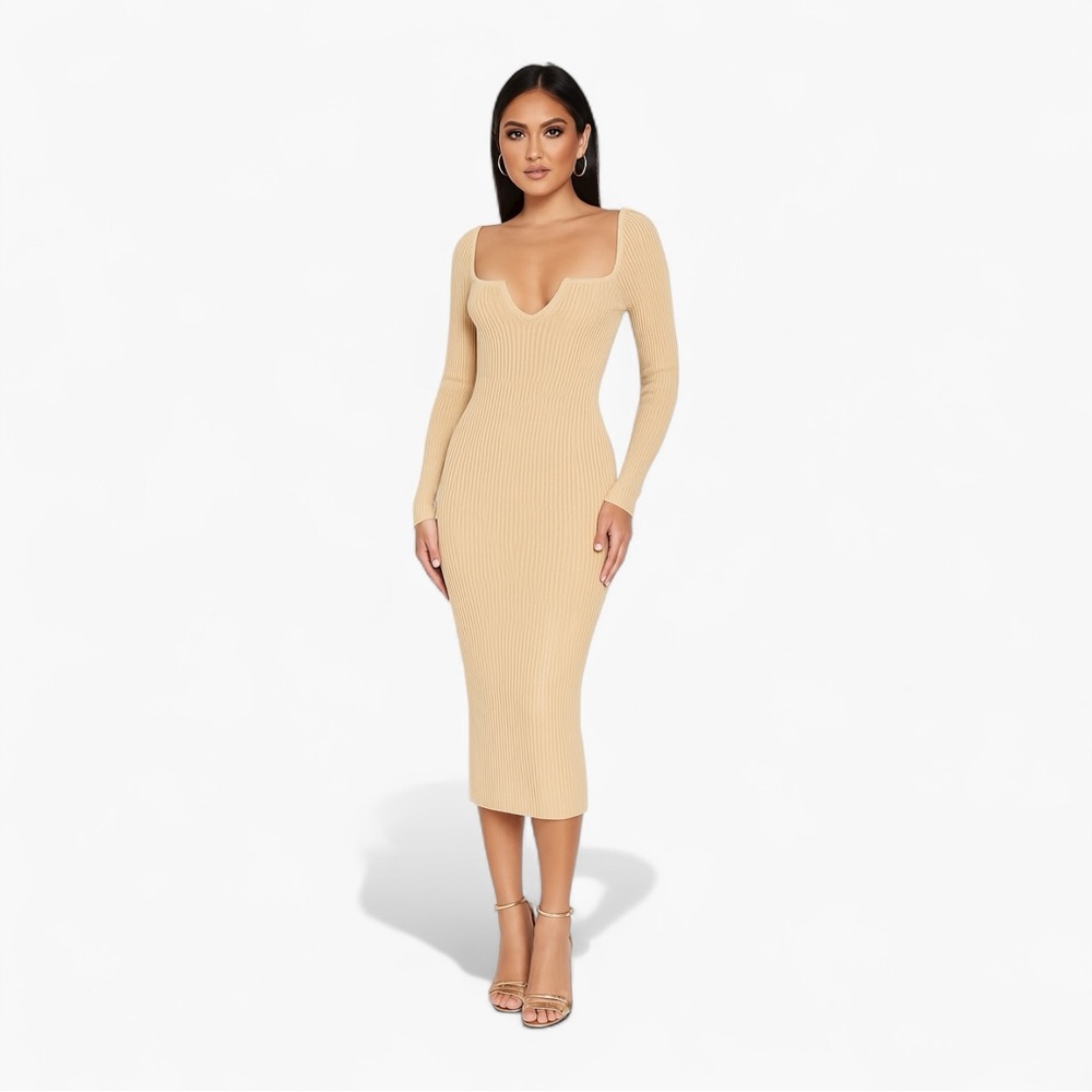 WAYF Ribbed Knit Long Sleeve Midi Dress Size S – Neutral Bodycon Classic